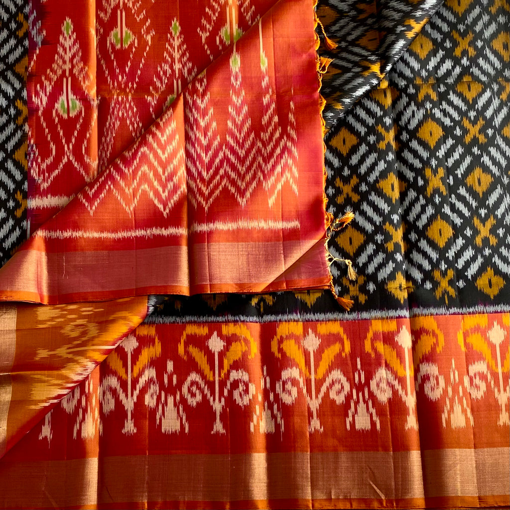 Jet Black Ikkat Designer Pure Silk With Burnt Orange Contrast
