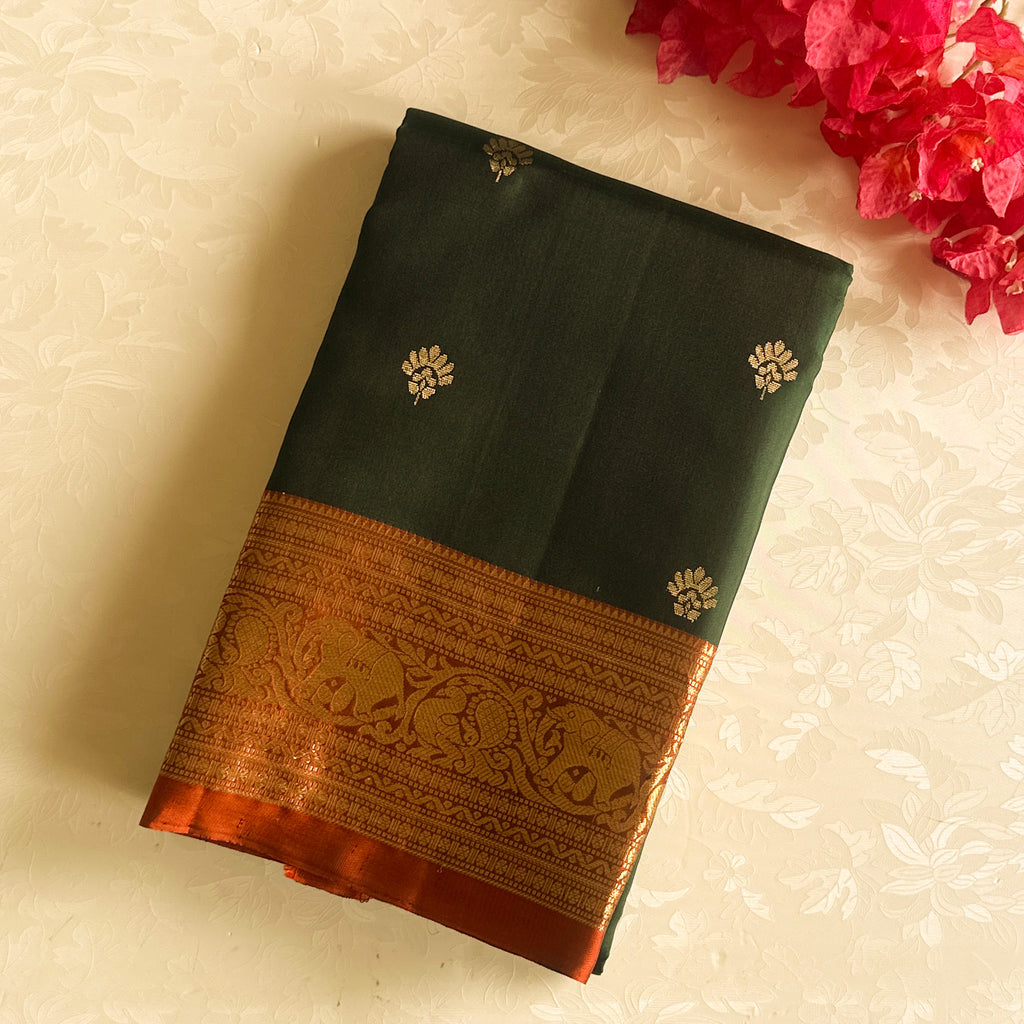 Deep bottle green Saree Burnt Orange Pallu Gold Brocade Border