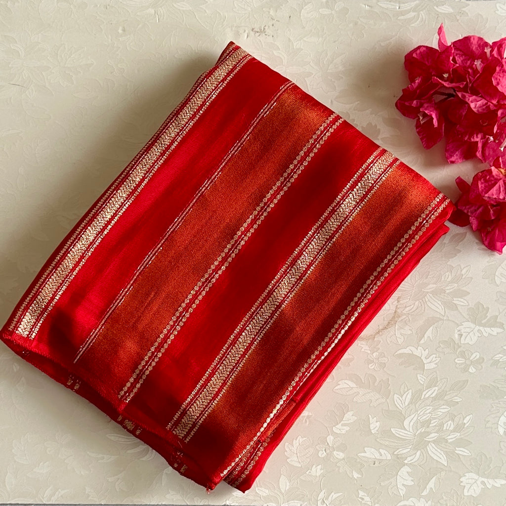 Scarlet Silk Saree Gold Zari Vertical Stripes Floral Motif Wedding