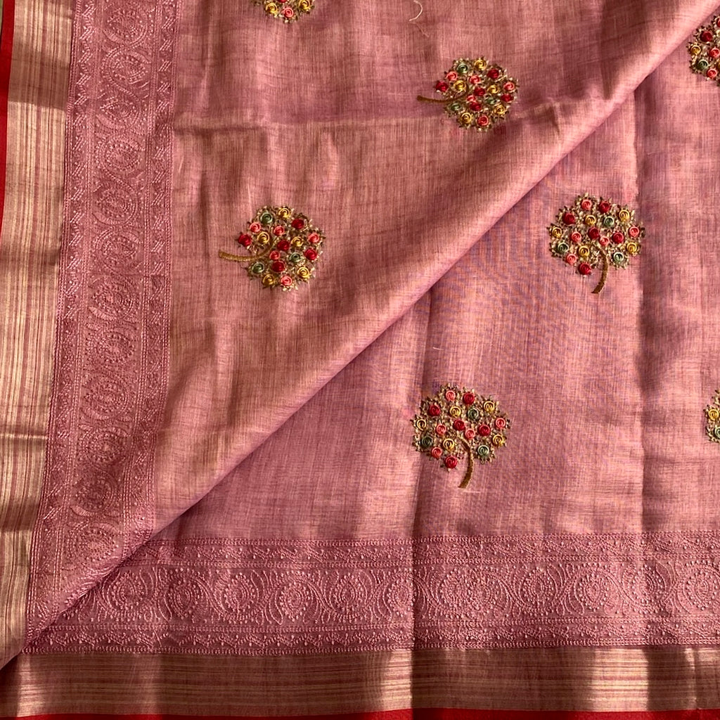 Dusty Rose Soft Linen with Embroidered Beauty With Scarlet Red Border