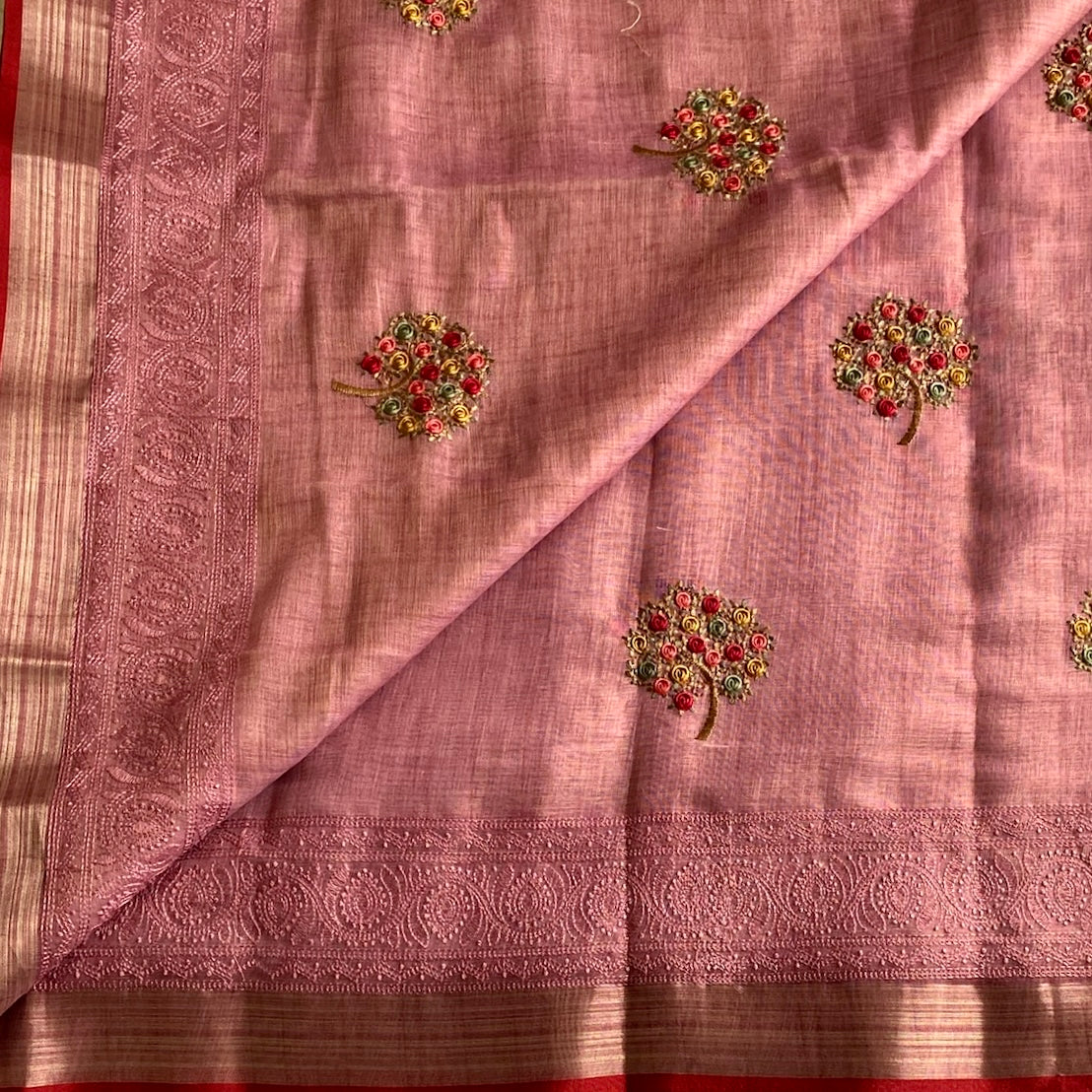 Dusty Rose Soft Linen with Embroidered Beauty With Scarlet Red Border