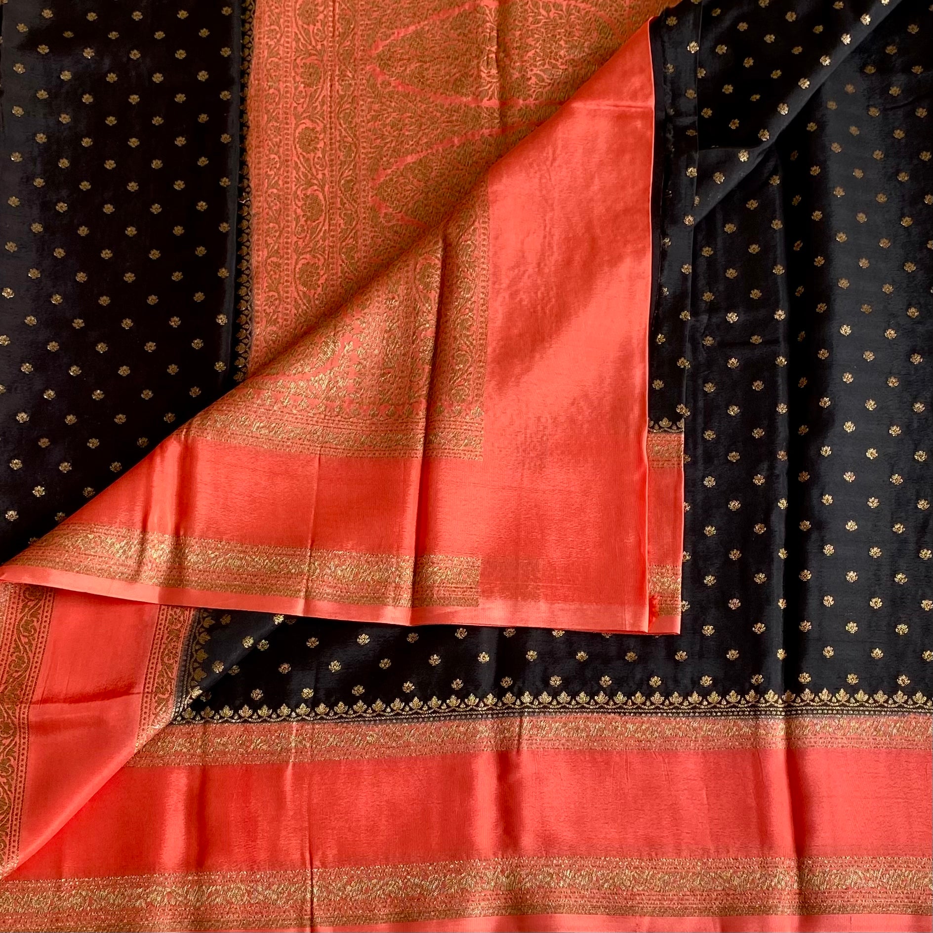Jet Black Banarasi Crepe Silk Saree With Coral Red Pallu