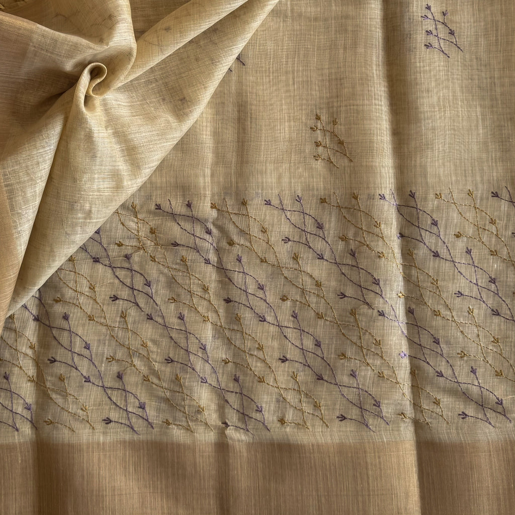 Ivory Beige Embroidered Vine Saree with Dusty Rose Border and Zari