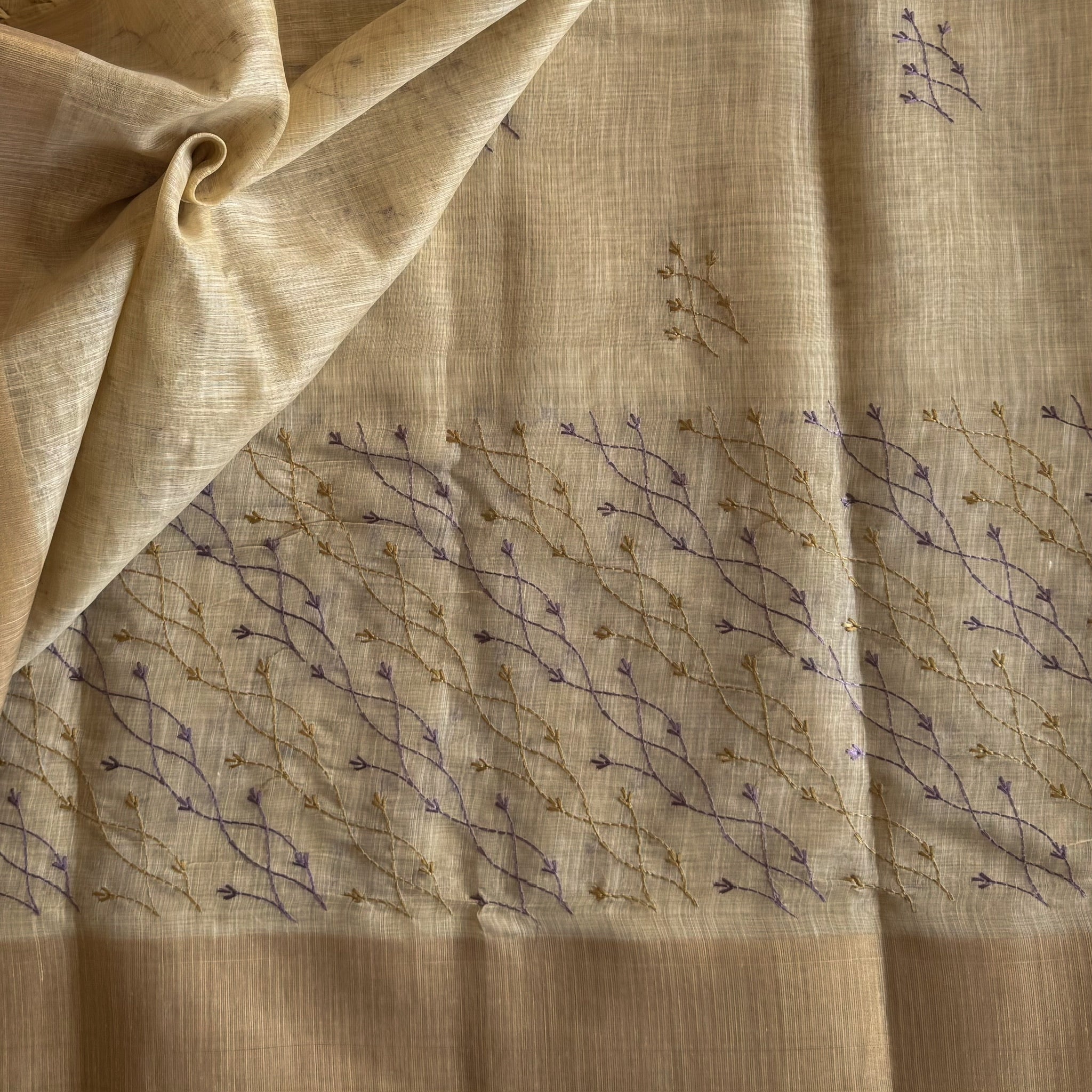 Ivory Beige Embroidered Vine Saree with Dusty Rose Border and Zari