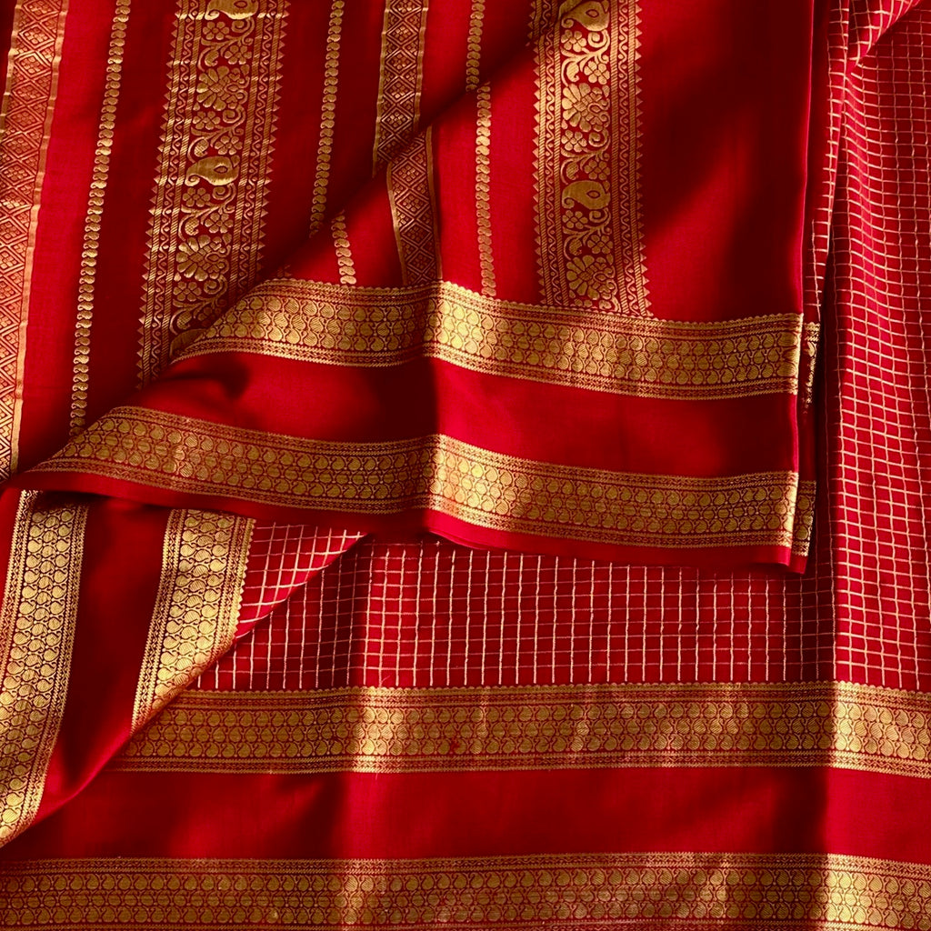 Bright Red Mysore Crepe Silk Saree With Antique Gold Zari