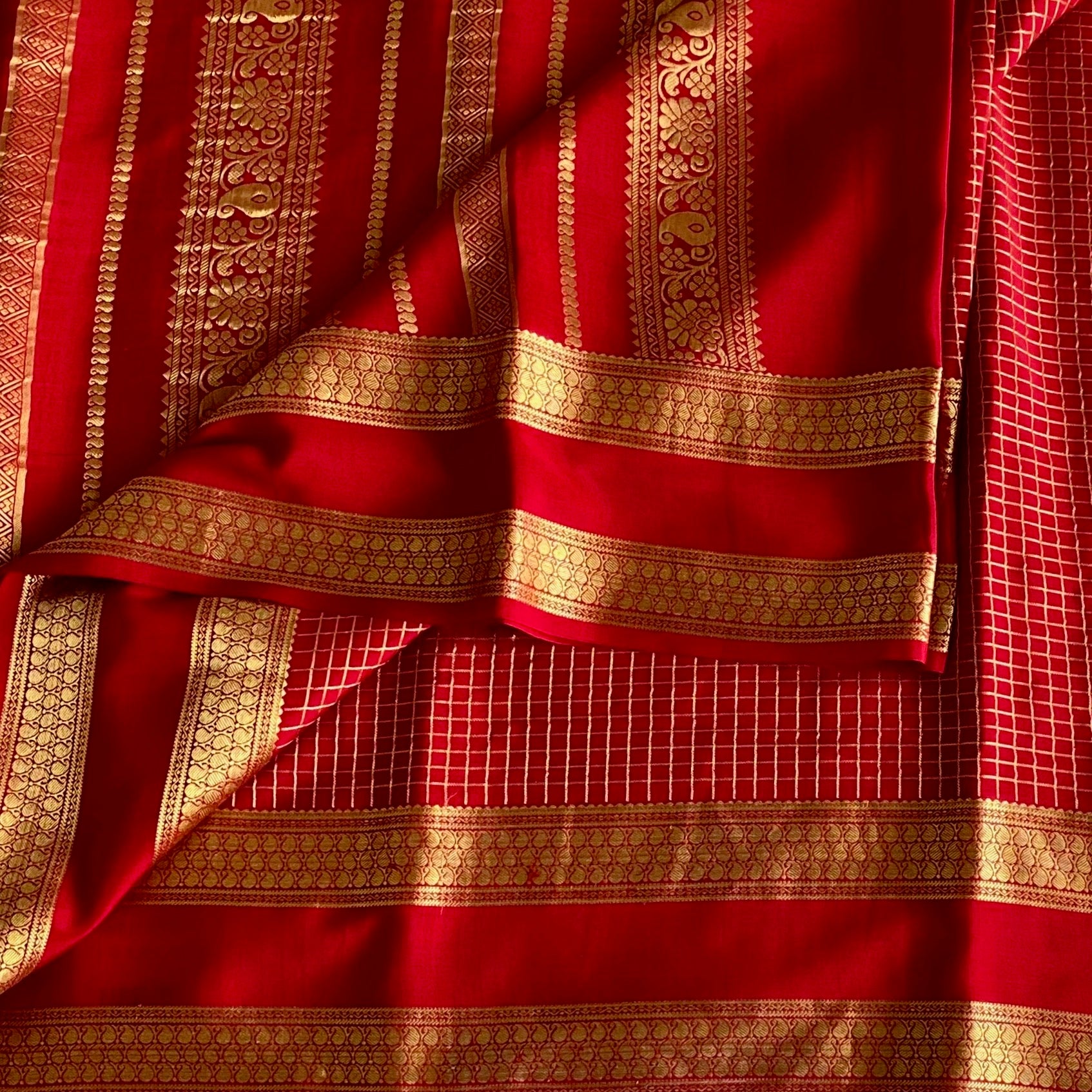 Bright Red Mysore Crepe Silk Saree With Antique Gold Zari