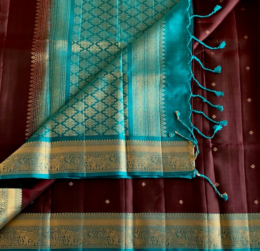 Deep Coffee Designer Pure Silk With Teal Blue Pallu