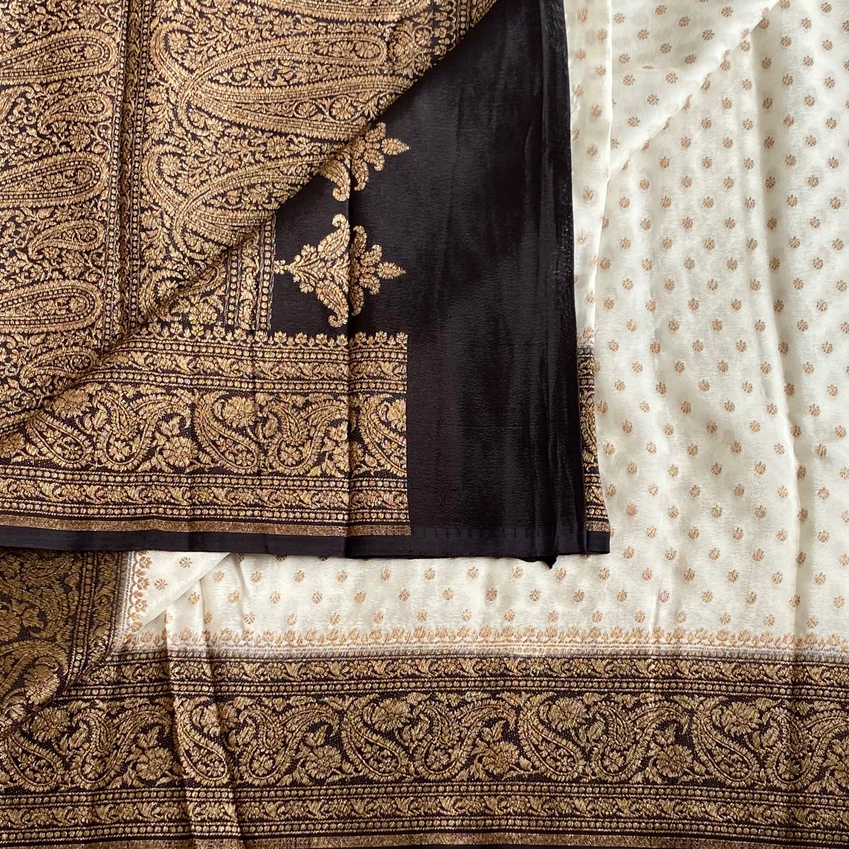 Pearl White Antique Gold Brocade Banarasi Crepe Silk Saree Jet Black