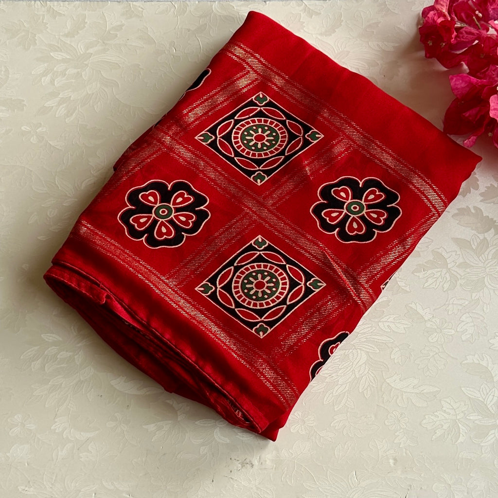 Vermilion Red Zari Paisley soft cotton printed beauty - everyday elegance