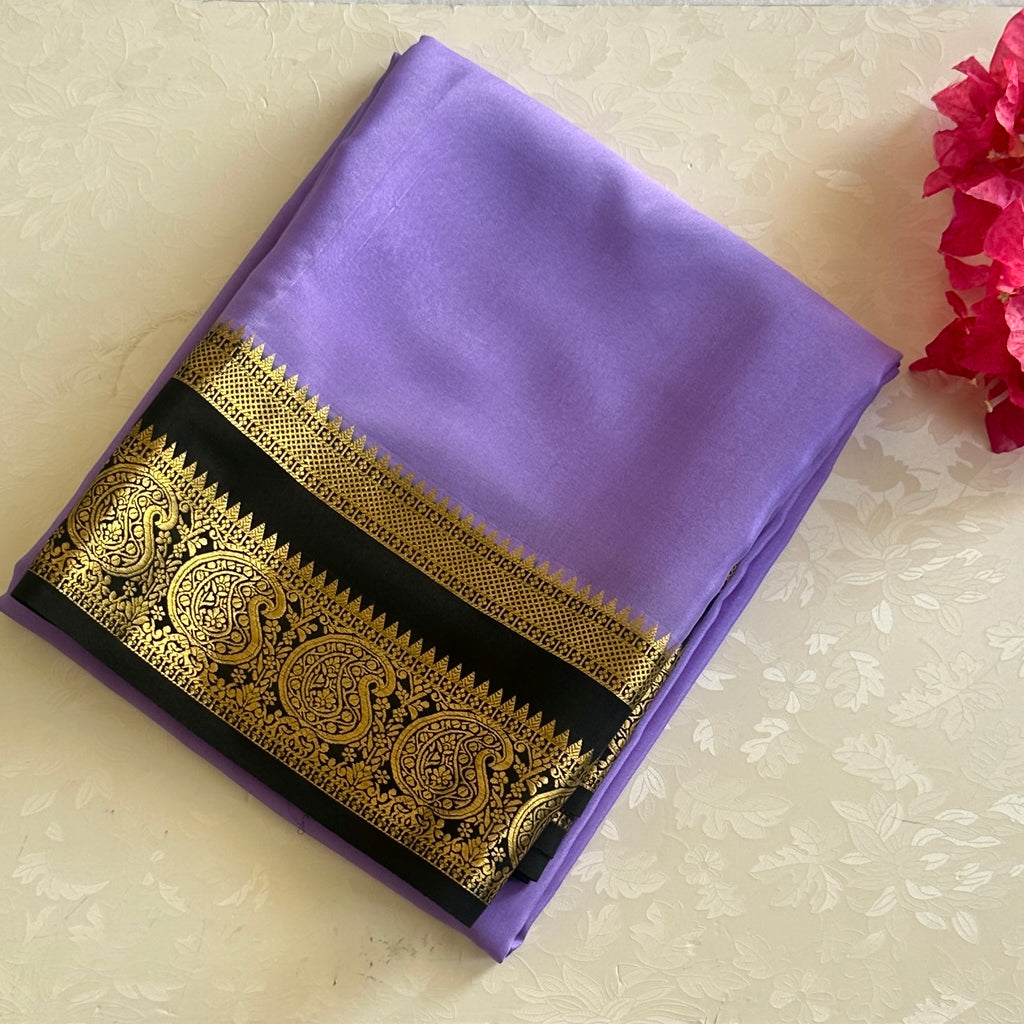 Elegant Orchid Purple Saree With Gold Paisley Border Black Contrast