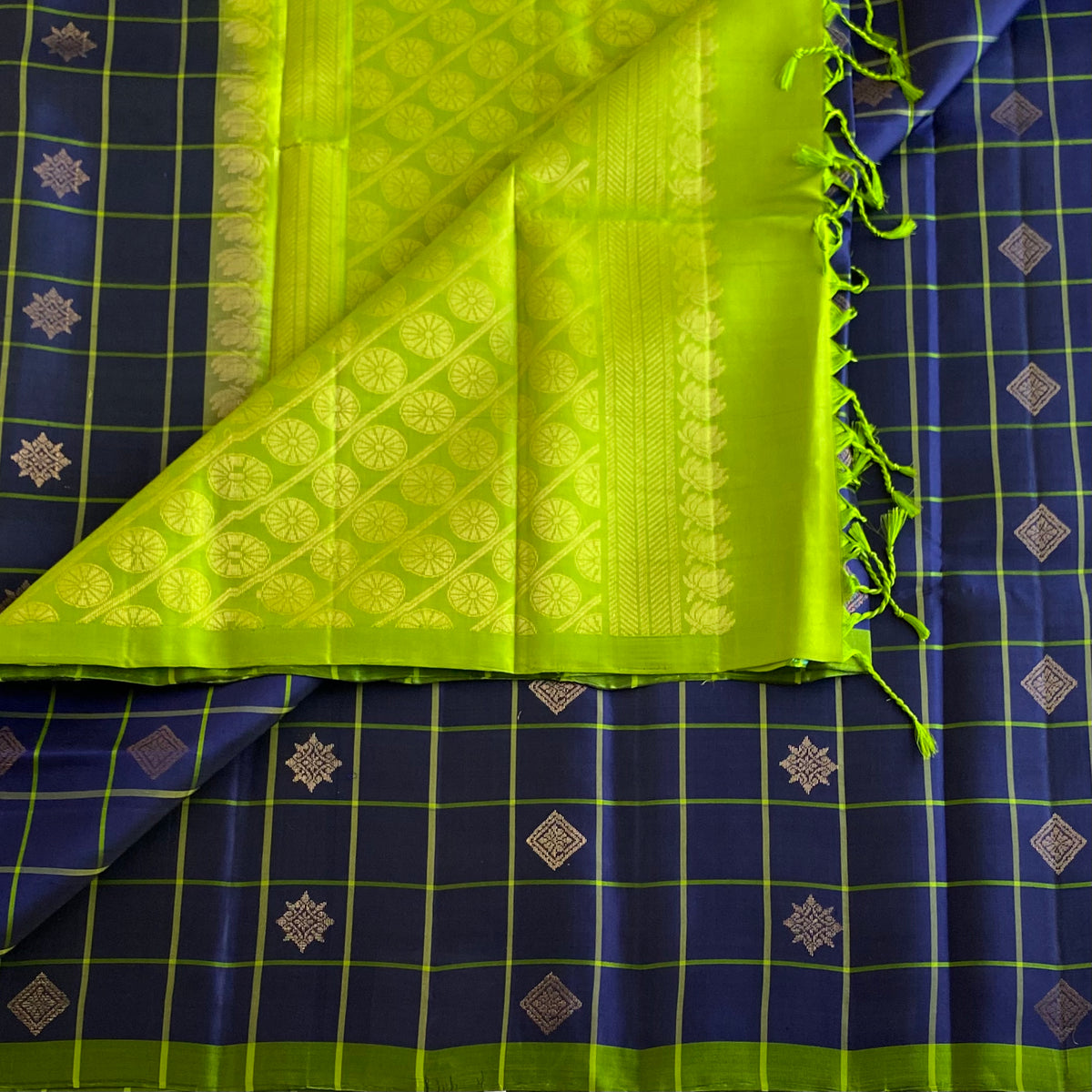 Navy Blue Lime Green Designer Pure Silk Saree With Checks And Zari