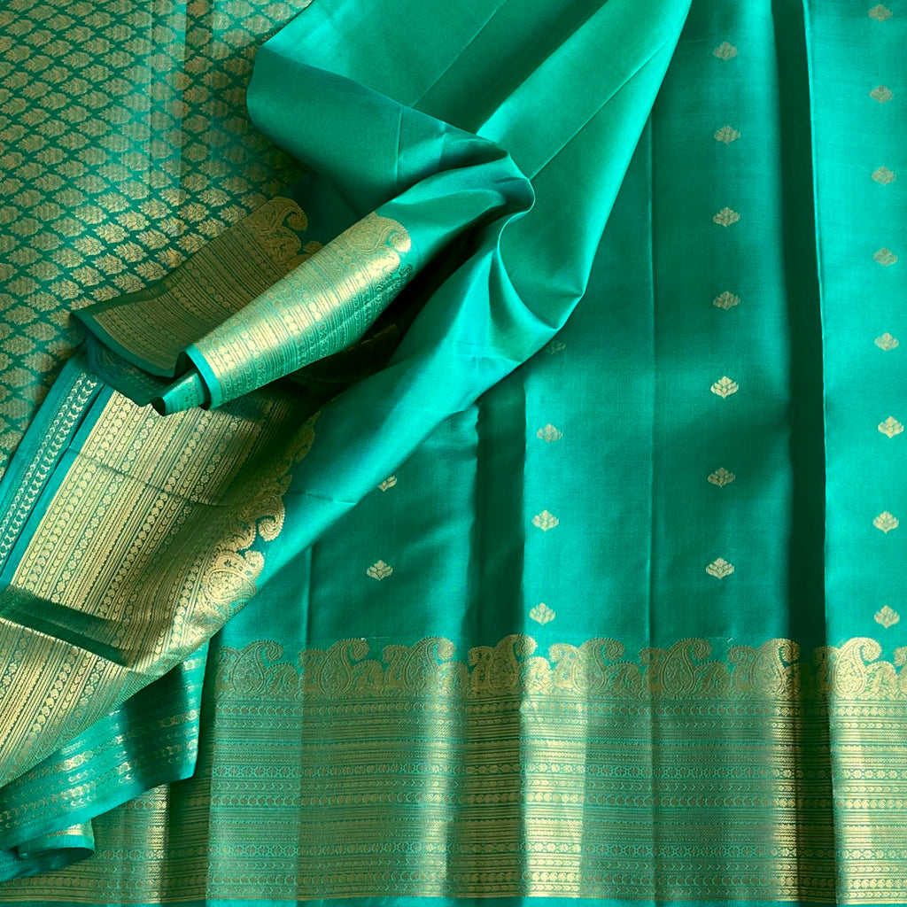 Teal Green Designer Pure Silk Saree With Metallic Gold Pallu
