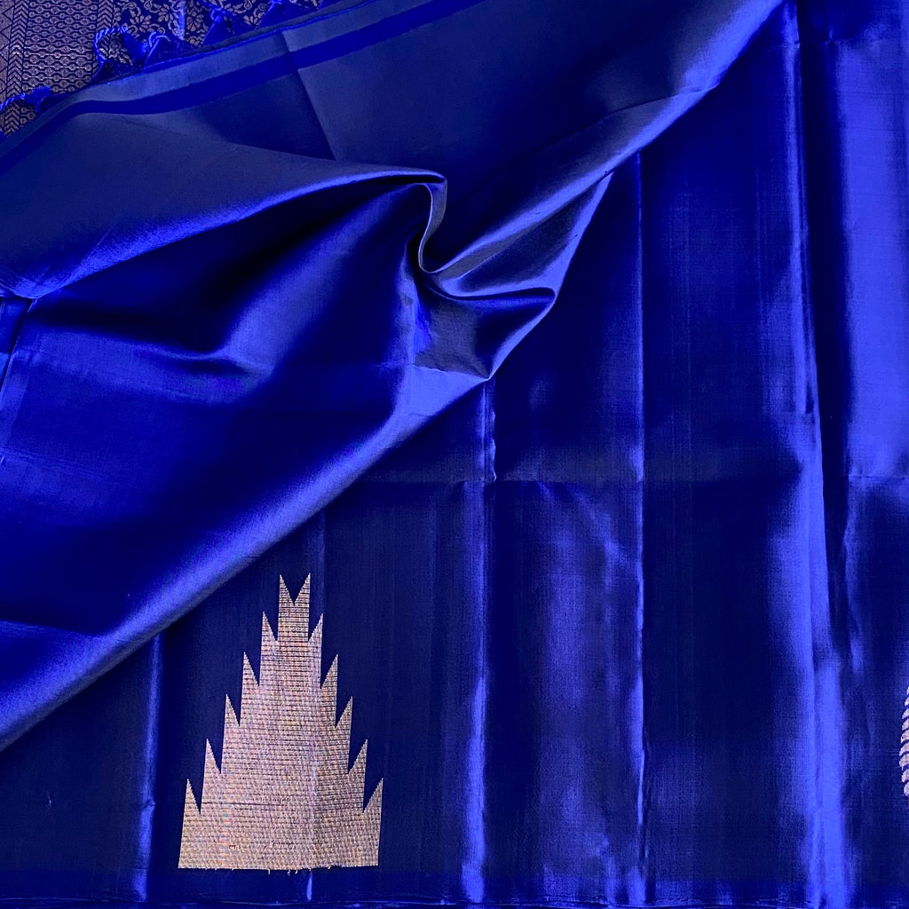 Royal Blue Designer Pure Silk Saree With Metallic Gold Zari Floral Panel
