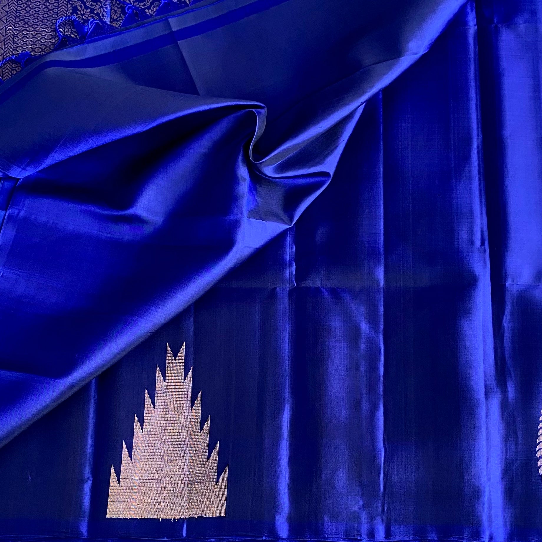 Royal Blue Designer Pure Silk Saree With Metallic Gold Zari Floral Panel