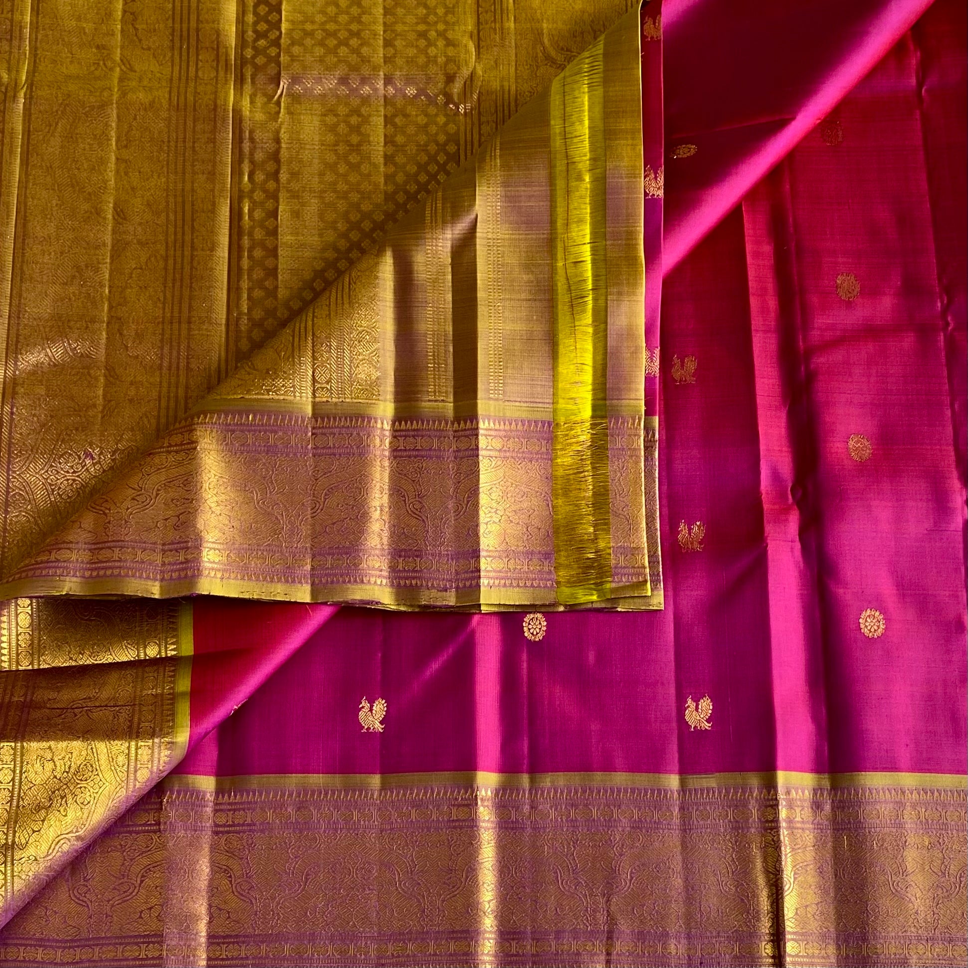 Rani Pink Kanjeevaram Pure Zari Silk Saree With Dual Olive Gold Pallu
