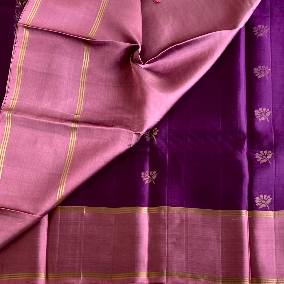 Plum Purple Designer Pure Silk Saree Dusty Rose Pallu Gold Zari Border