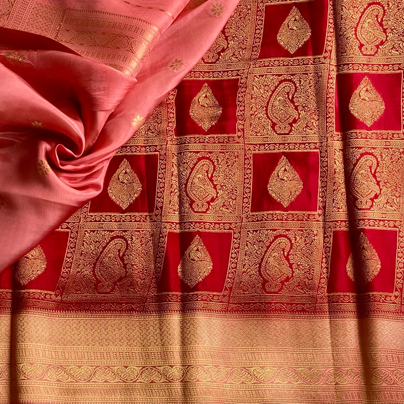 Brocade Red & Gold Soft Crepe Silk Saree With Rose Pink Pallu