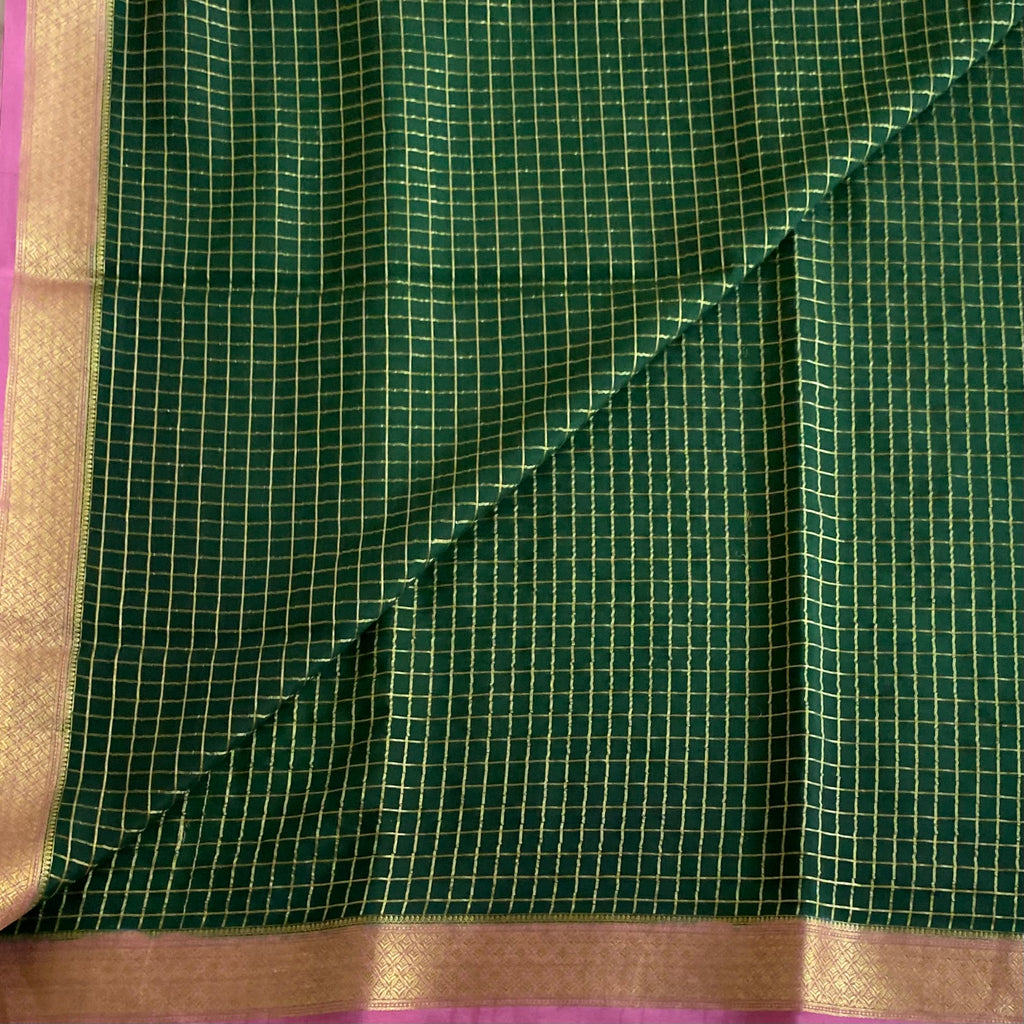 Bottle Green And Rani Pink Checkered Mysore Crepe Silk
