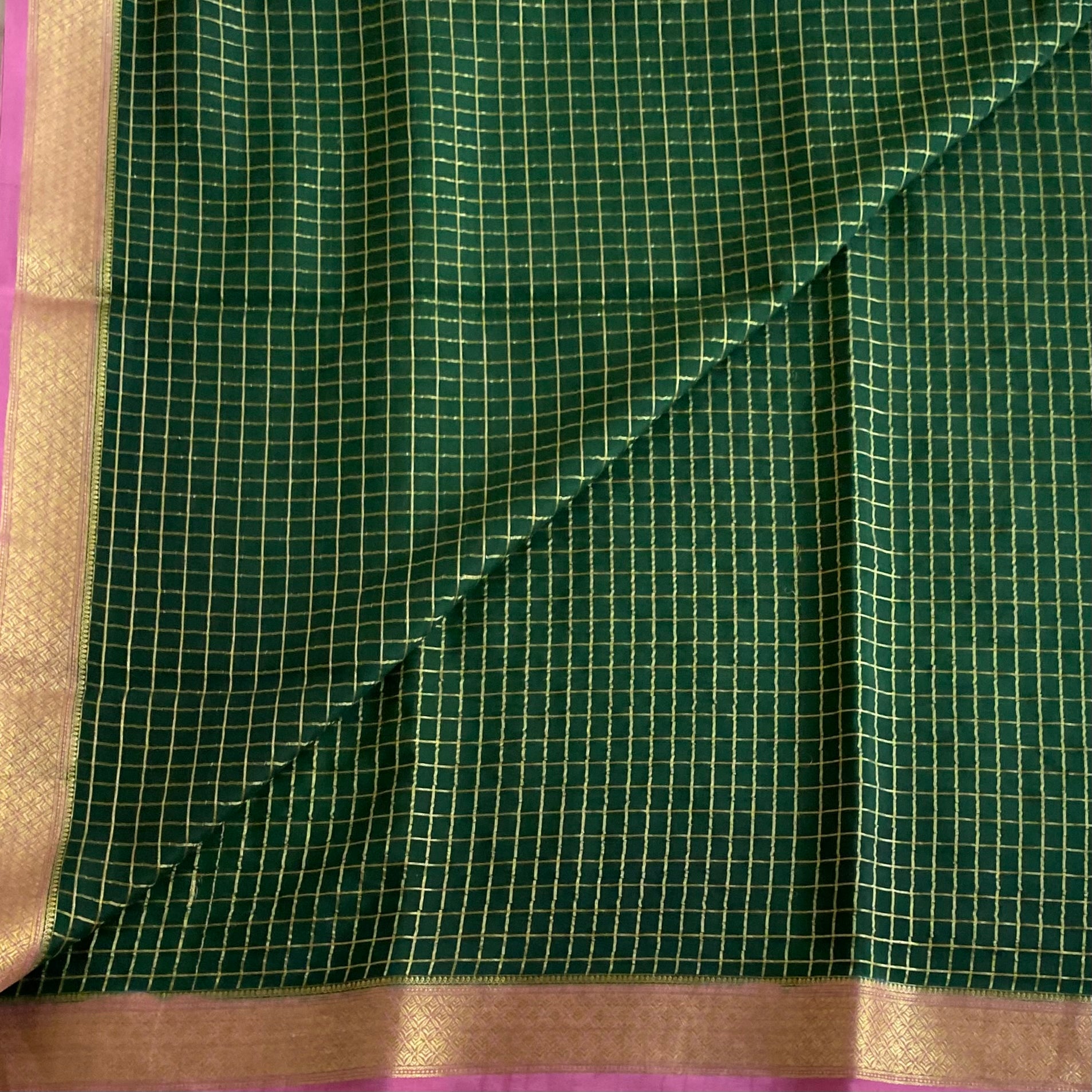 Bottle Green And Rani Pink Checkered Mysore Crepe Silk
