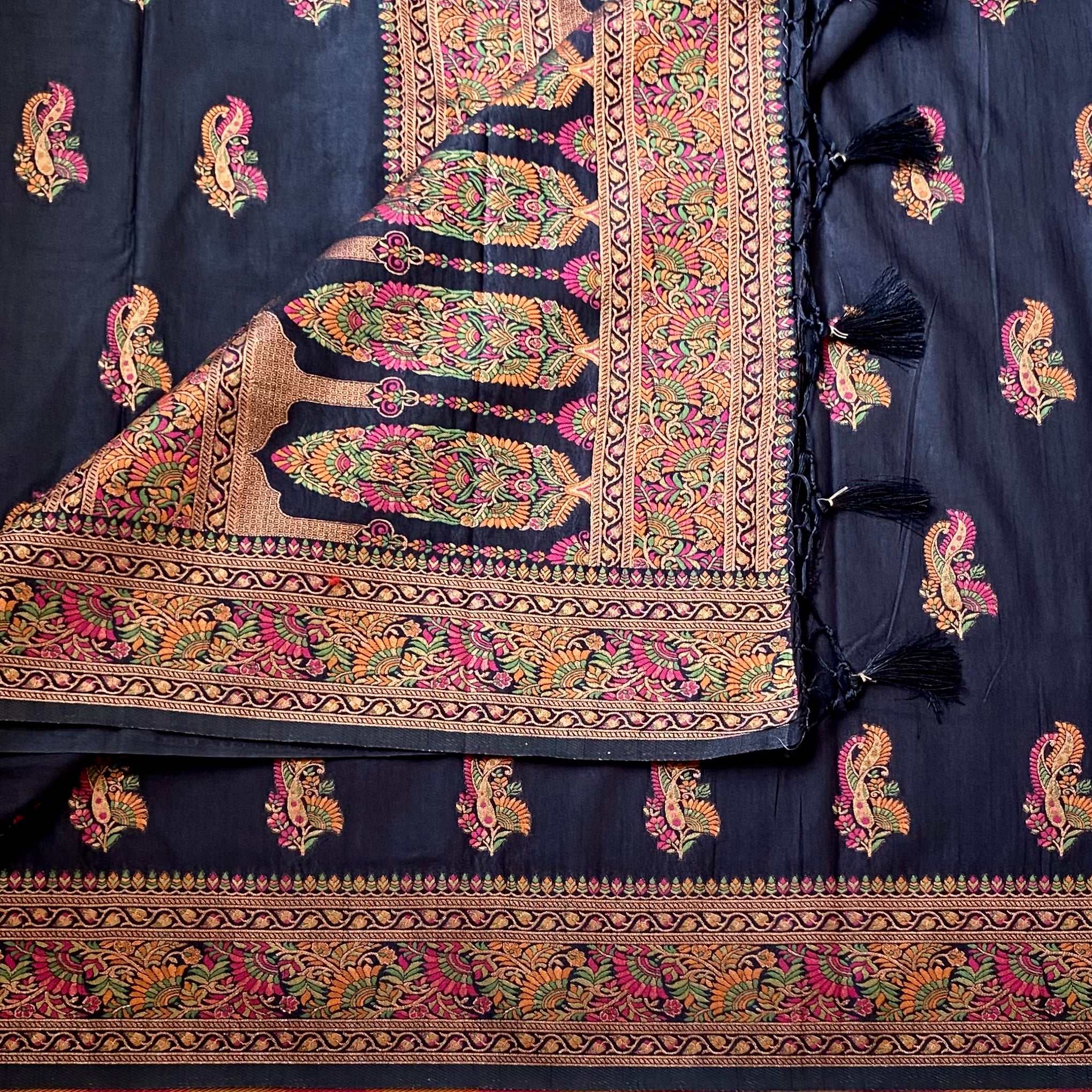 Black with Meenakari woven(not printed) soft tussar with rich pallu
