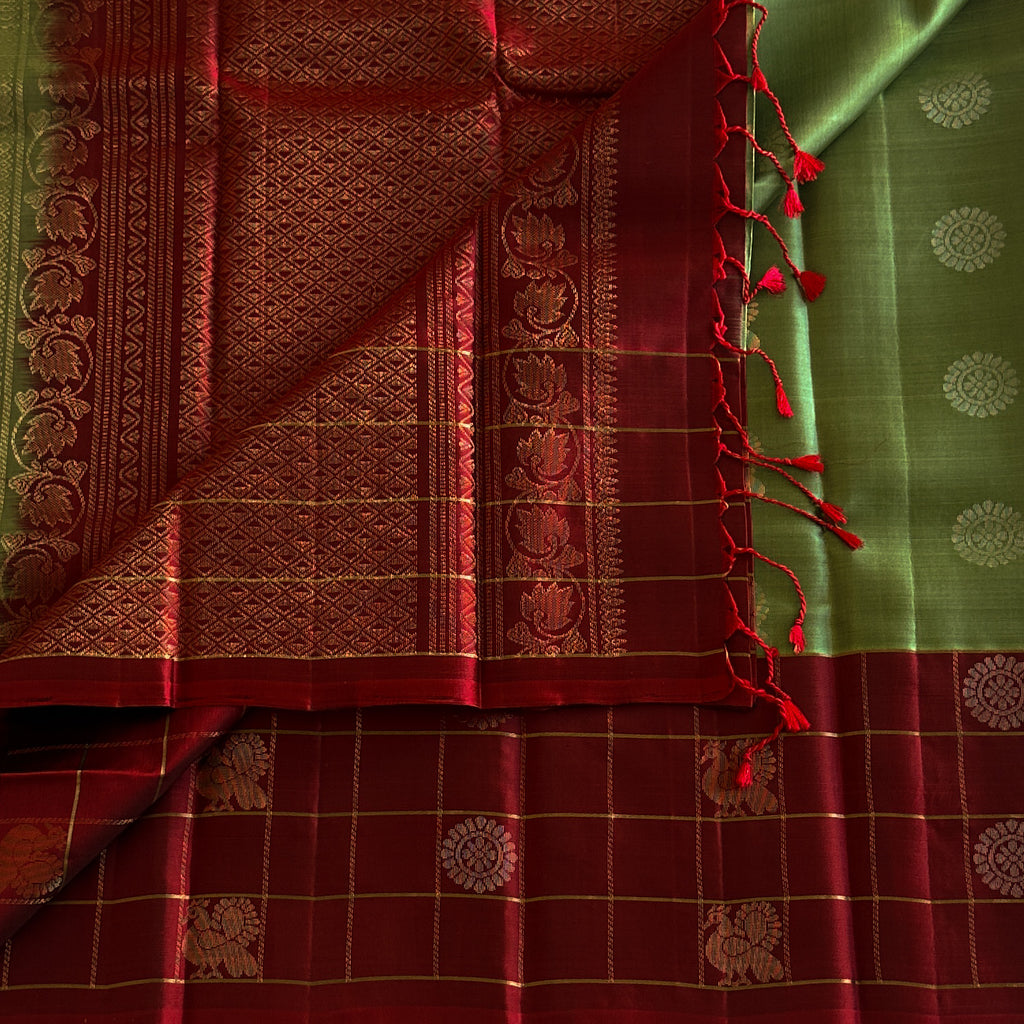 Deep Magenta Silk Saree Sage Green Pallu Gold Zari Traditional