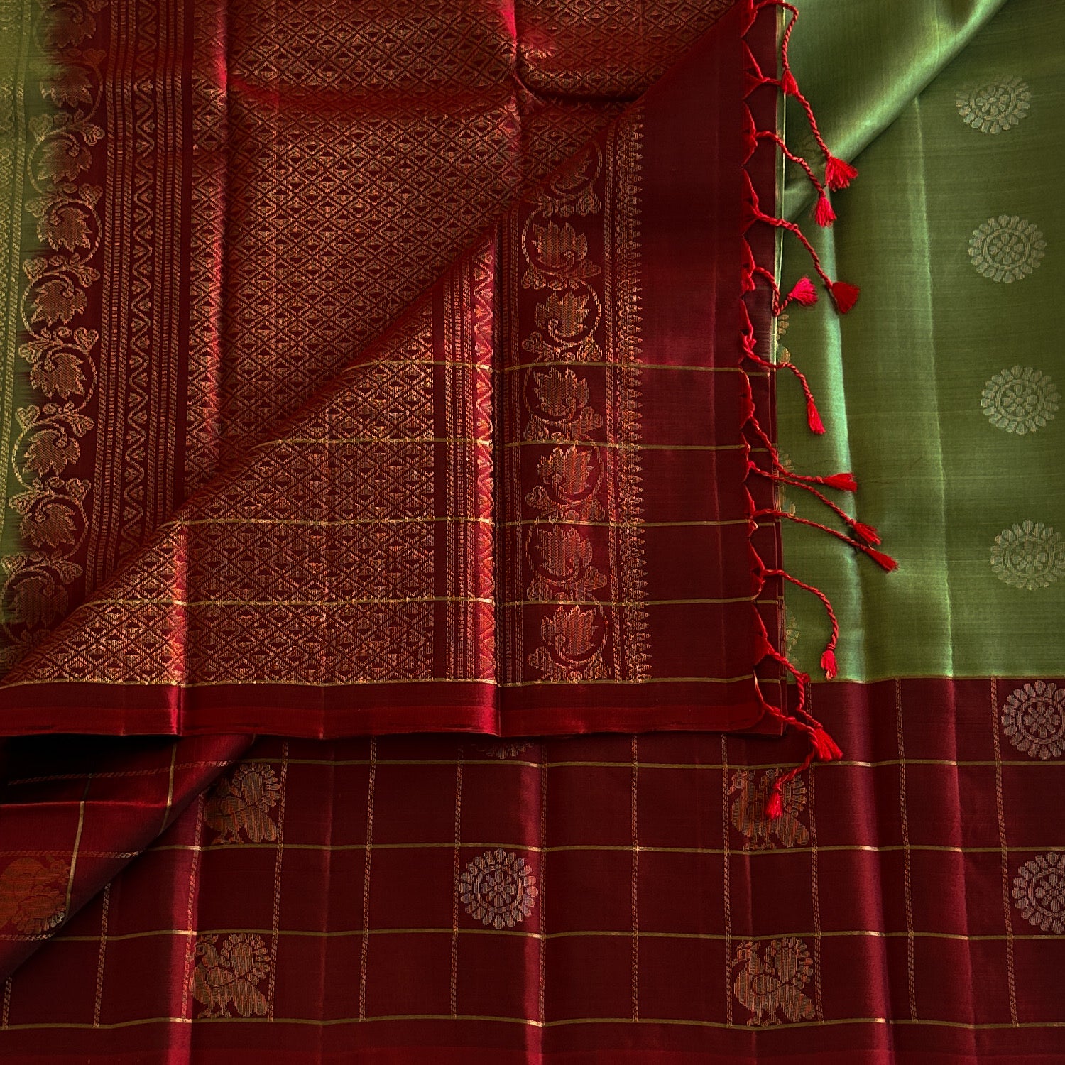 Deep Magenta Silk Saree Sage Green Pallu Gold Zari Traditional