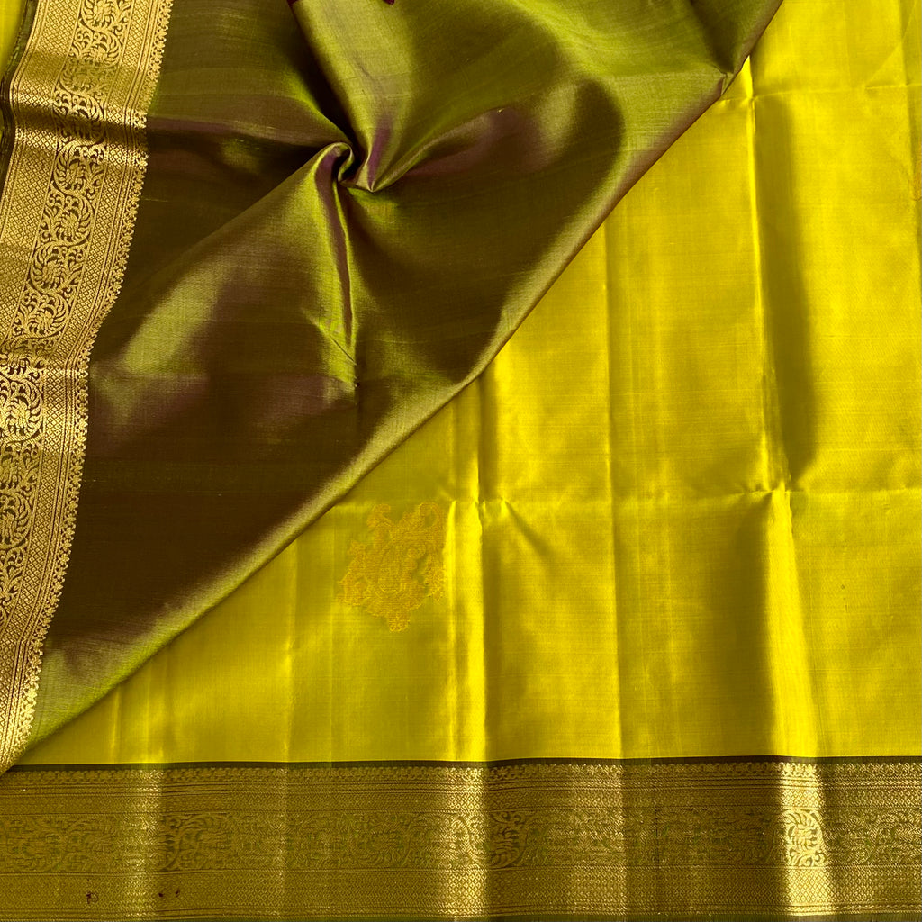 Olive Green Designer Pure Silk Saree With Chartreuse Pallu