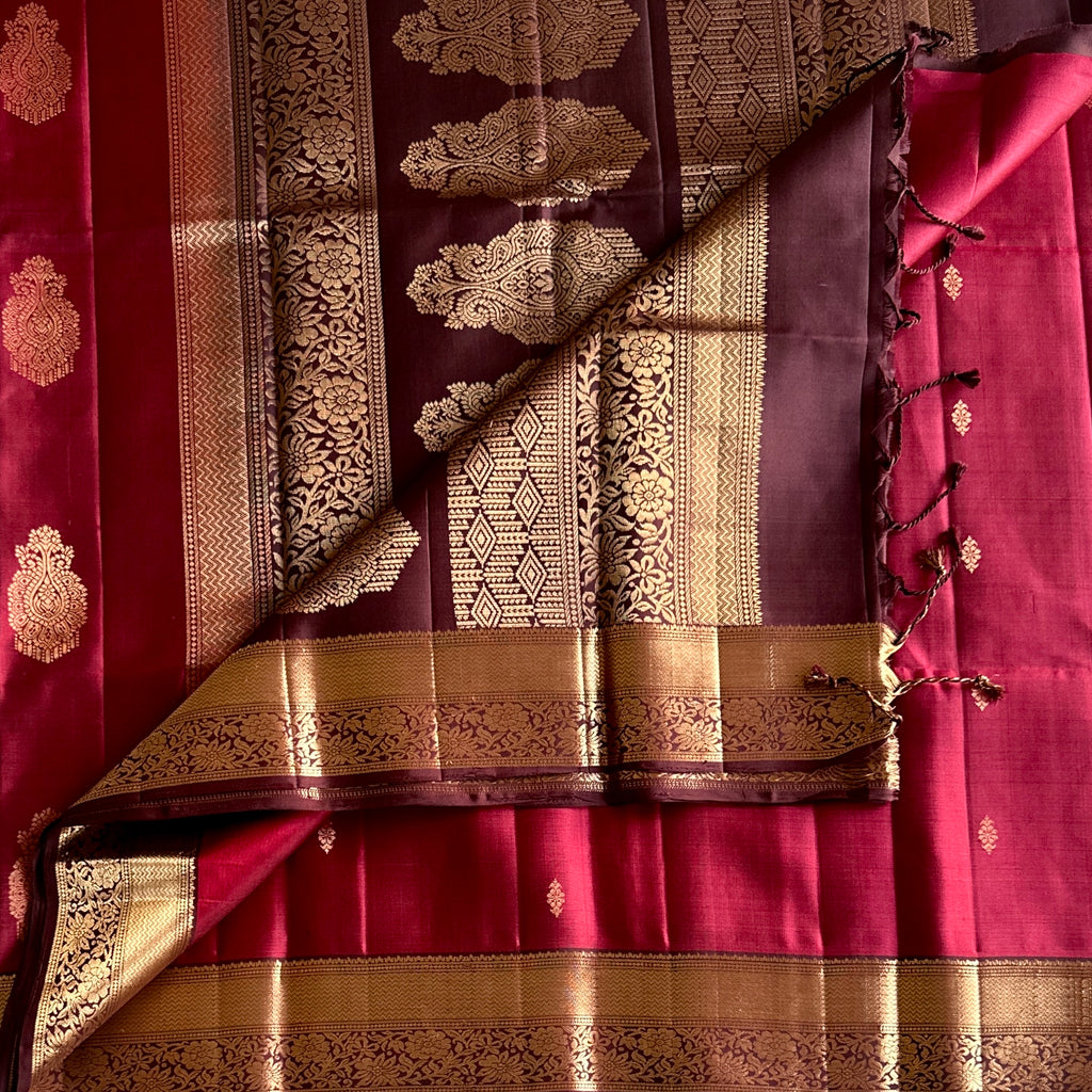 Ruby Magenta Silk Saree Burgundy Pallu Gold Brocade Floral Border