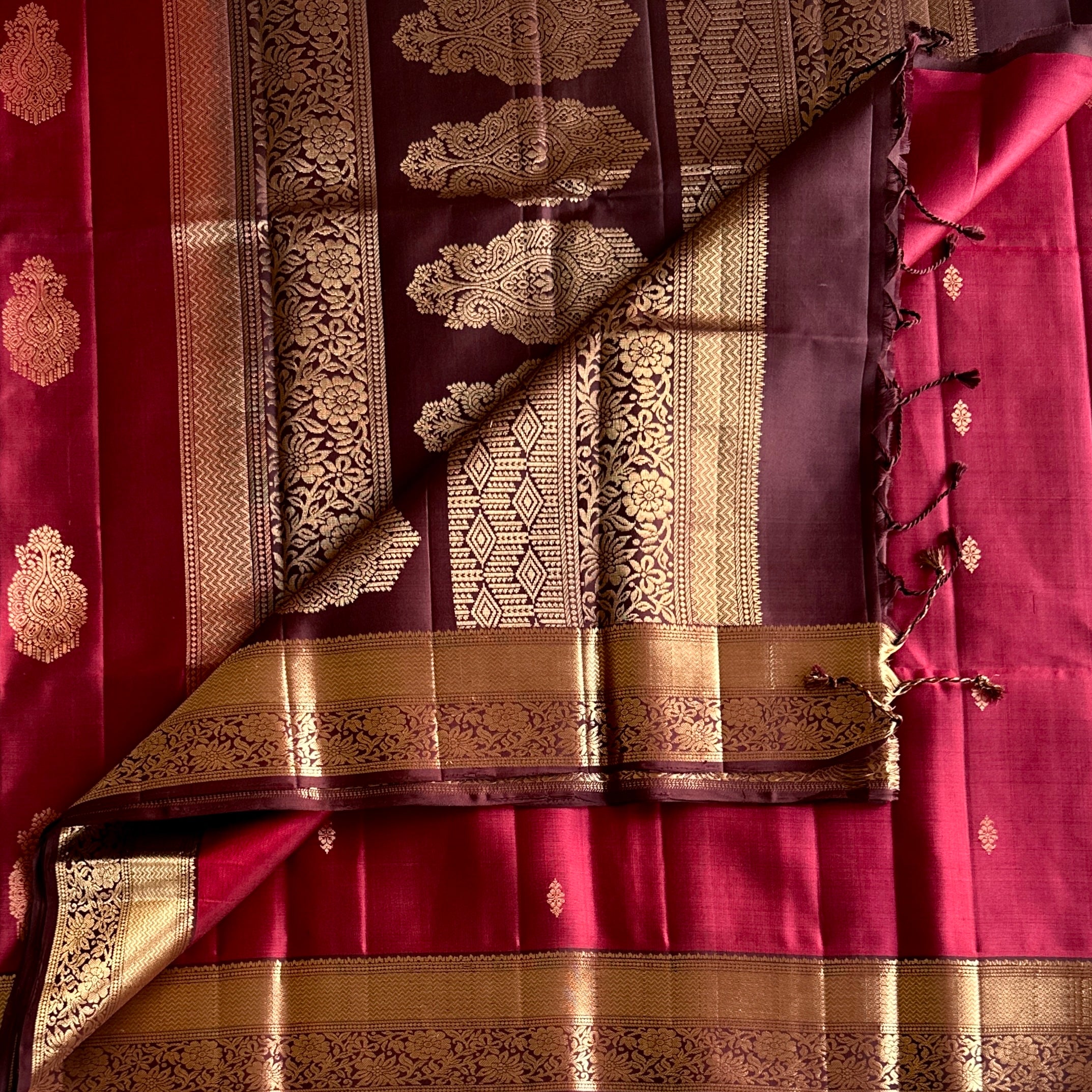 Ruby Magenta Silk Saree Burgundy Pallu Gold Brocade Floral Border