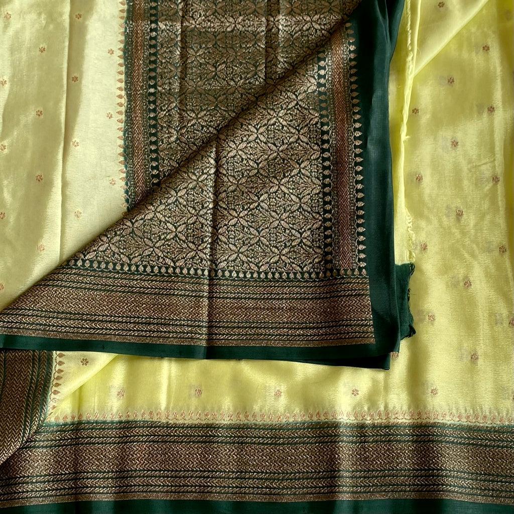 Pastel Lighest Green Banarasi Crepe Silk Saree Forest Green Border Pallu