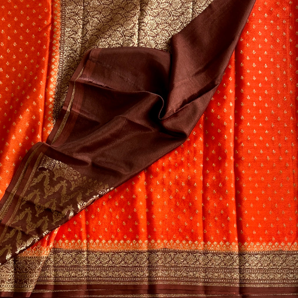 Rust orange with Wine Brown Banarasi Soft Crepe Silk