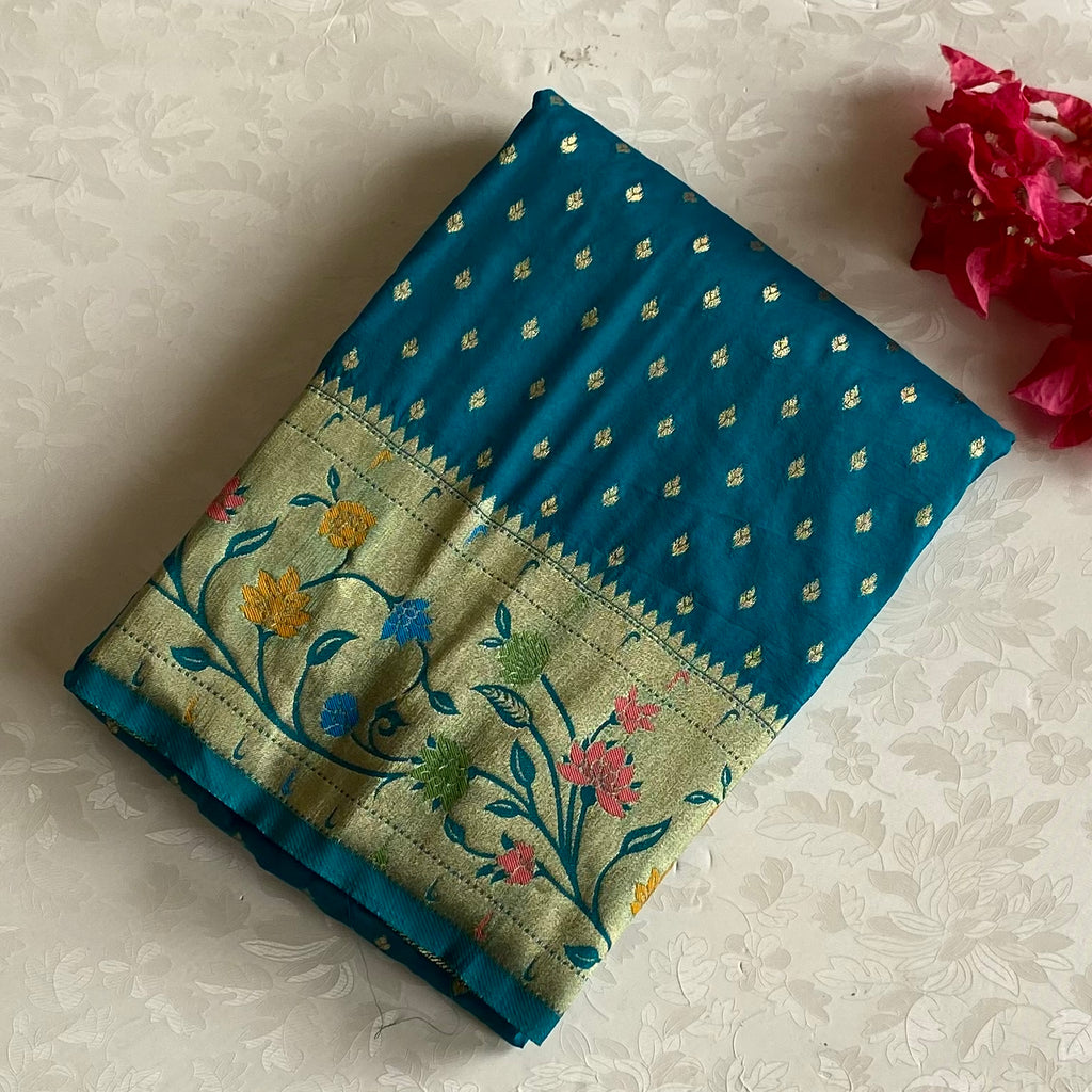 Teal Blue Soft Crepe Silk Saree With Antique Gold Pallu
