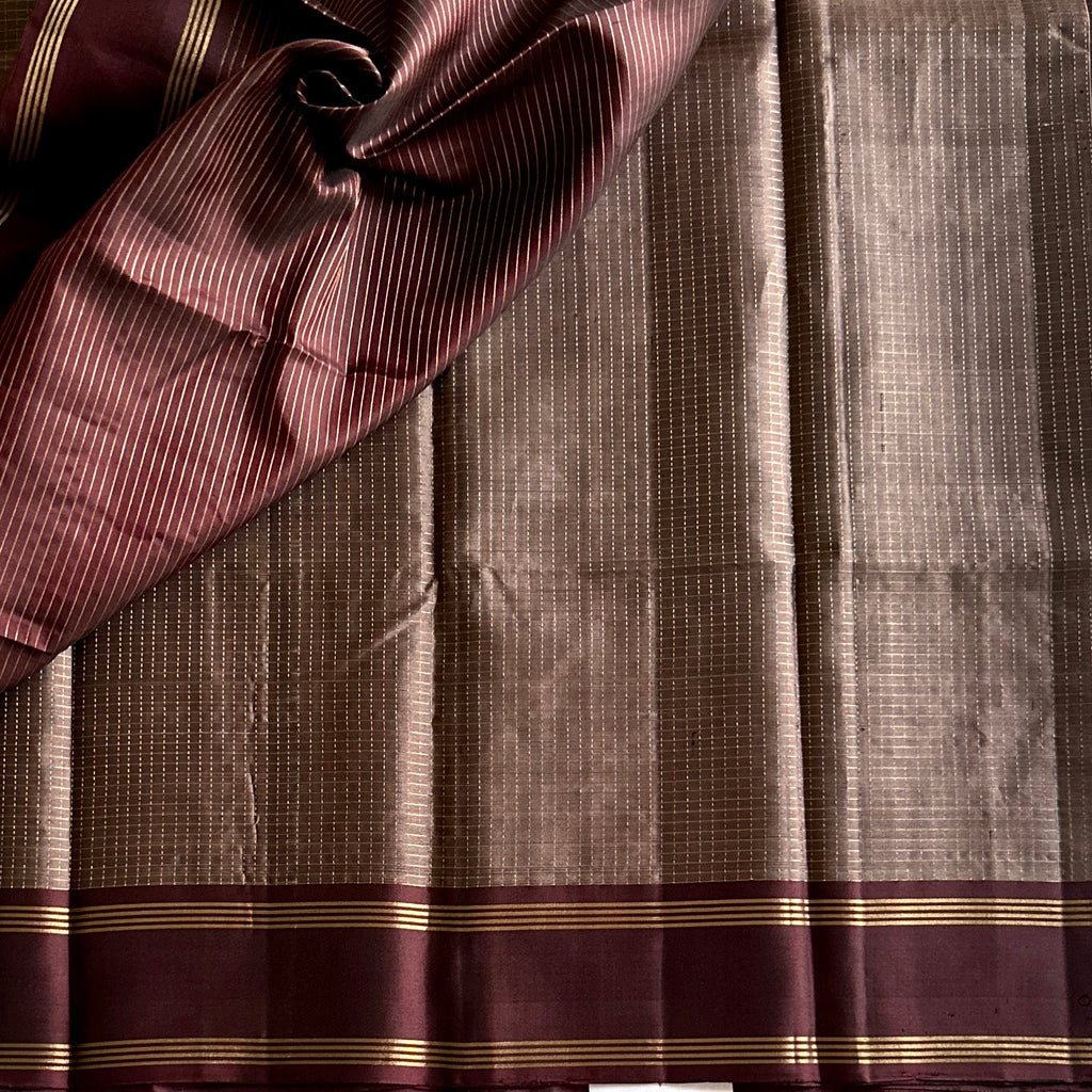 Taupe Burgundy Saree Gold Zari Checked Body Traditional Pallu Wear