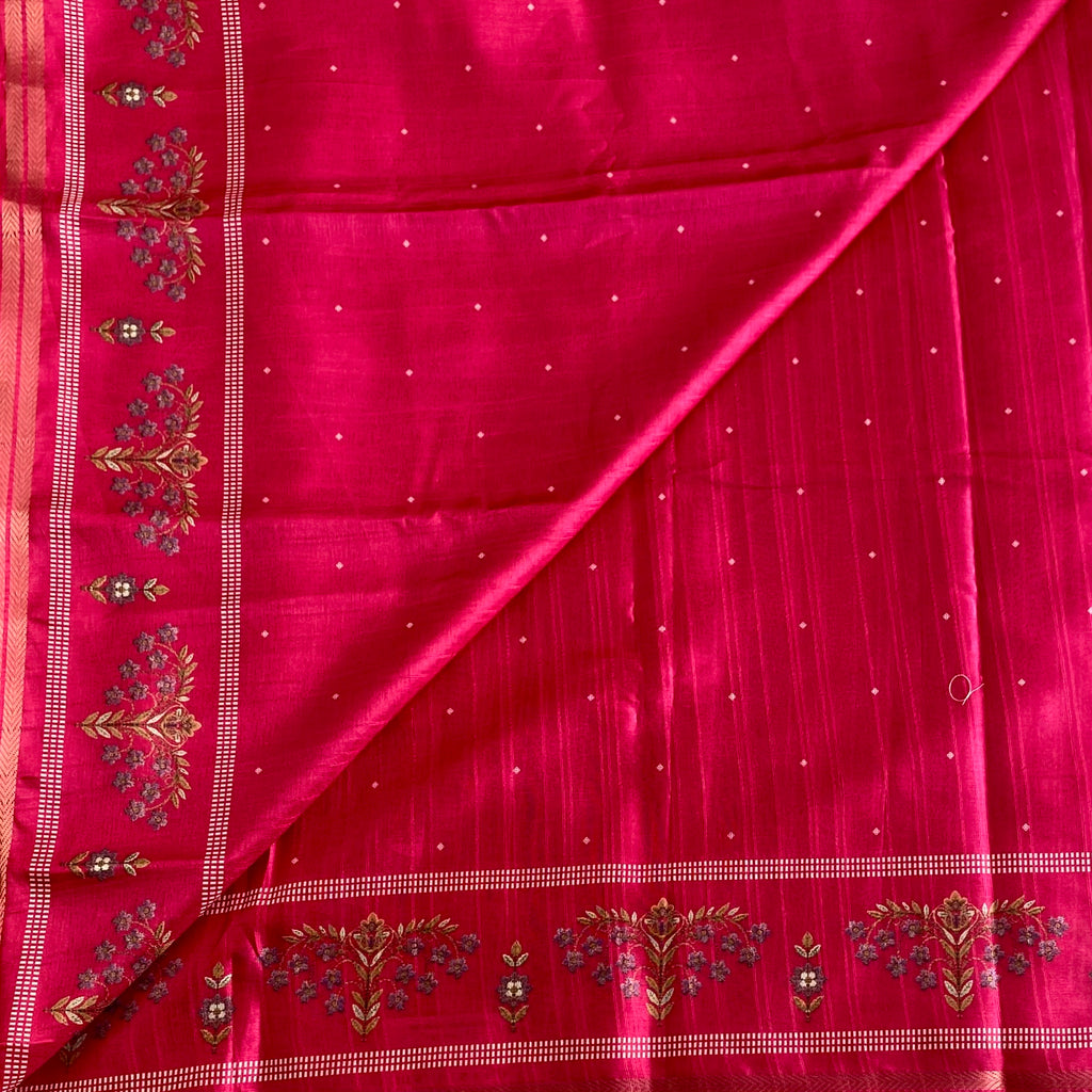 Rani Pink Soft Tussar Saree With Printed Gold Pallu