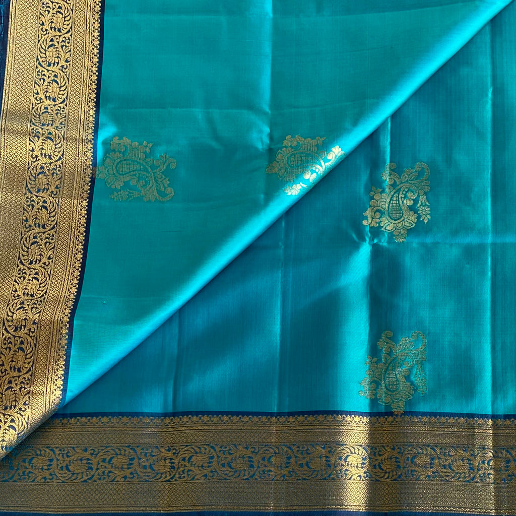 Designer Pure Silk Turquoise Saree With Peacock Blue Pallu Brocade Border