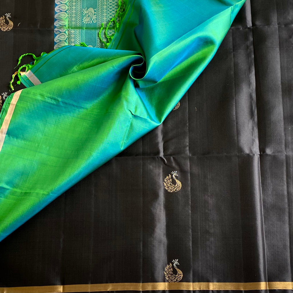 Jet Black Designer Pure Silk Saree With Sea Green Pallu