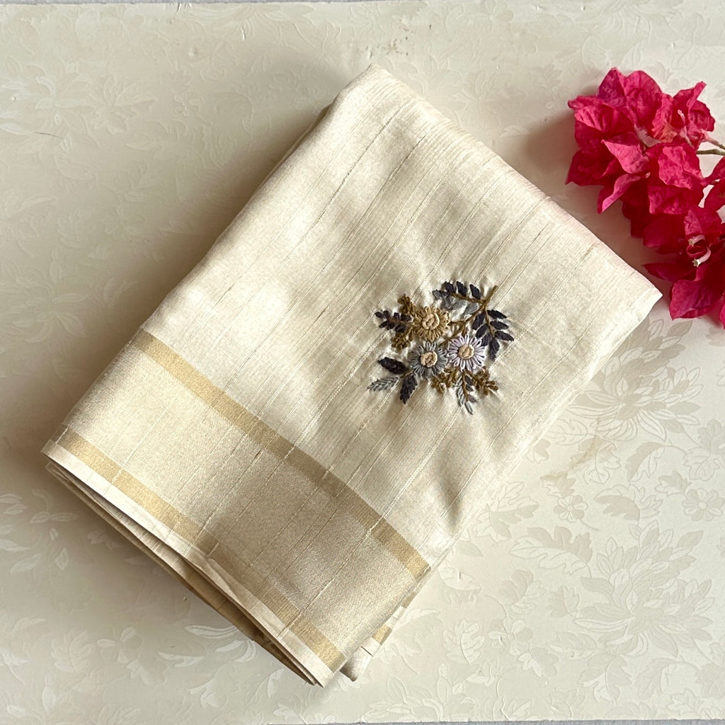 Champagne Beige Soft tussar with embroidered work all over