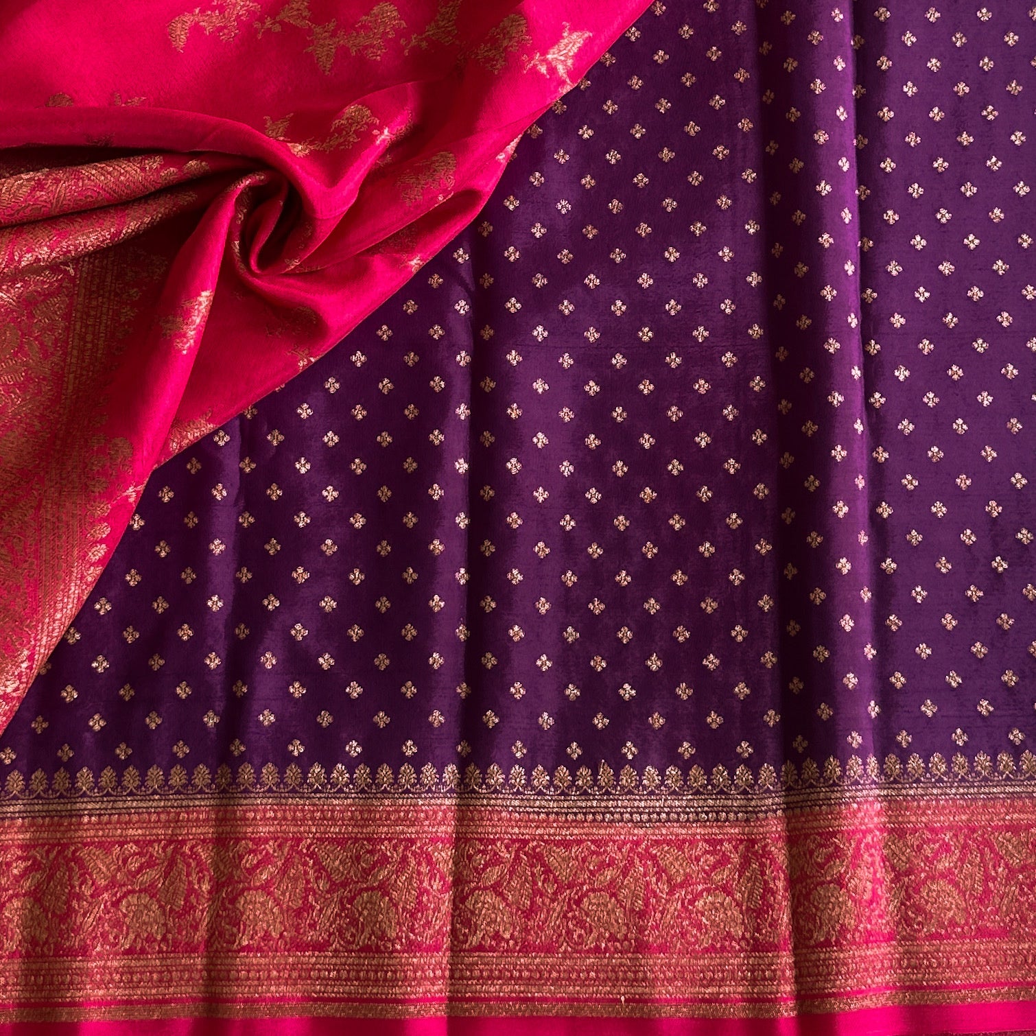 Royal Purple Magenta Silk Saree Gold Brocade Floral Wedding Attire