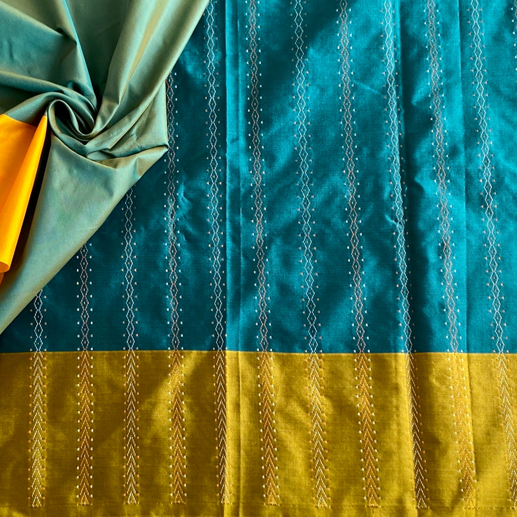 Peacock Blue Soft Blended Silk With Mustard Green Borders