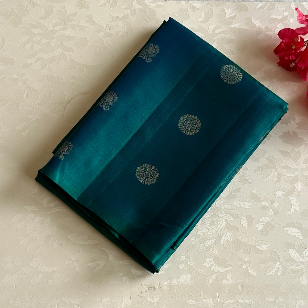 Teal Blue Designer Pure Silk Saree With Antique Gold Jacquard
