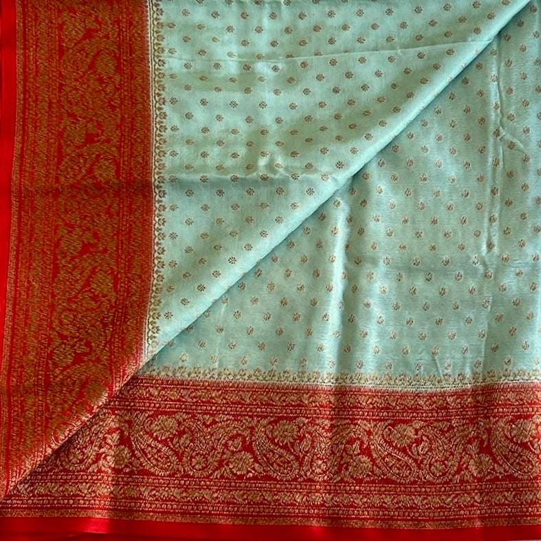 Sea Blue with Red Banarasi Soft Crepe Silk With Intricately Woven Pallu