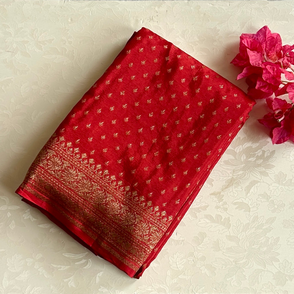 Elegant Ruby Red Saree Gold Brocade Wide Border Floral Pallu