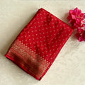 Elegant Ruby Red Saree Gold Brocade Wide Border Floral Pallu