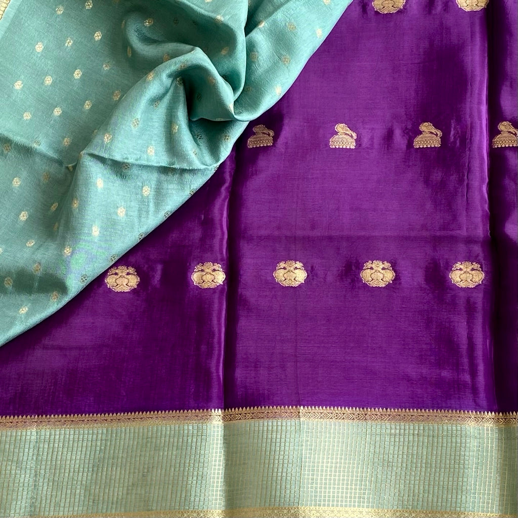 Royal Purple Soft Crepe Silk Saree With Seafoam Green Pallu Zari Border