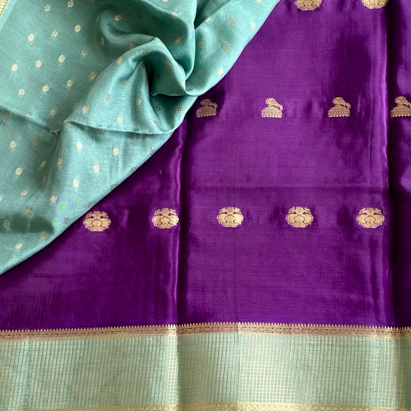 Royal Purple Soft Crepe Silk Saree With Seafoam Green Pallu Zari Border