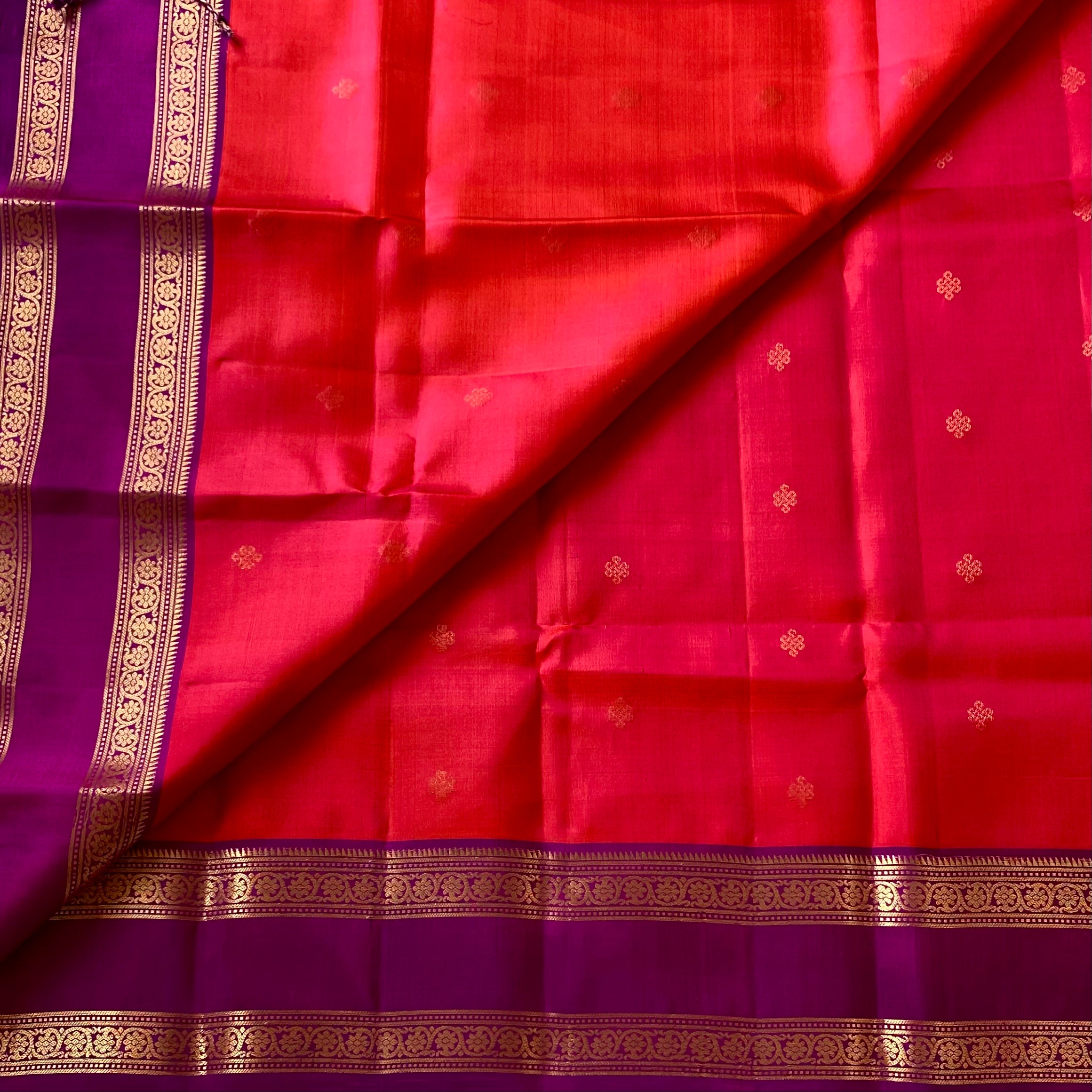 Magenta Silk Saree with Gold Brocade Crimson Red Contrast Pallu
