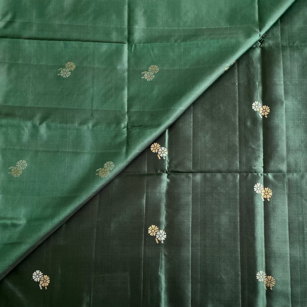 Emerald Green Designer Pure Silk Saree With Metallic Gold Chevron Pallu
