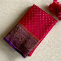 Strawberry Pink Banarasi Crepe Silk Saree With Royal Purple  Panel