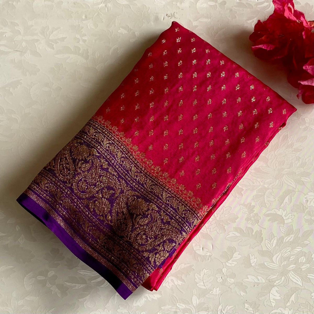 Strawberry Pink Banarasi Crepe Silk Saree With Royal Purple  Panel