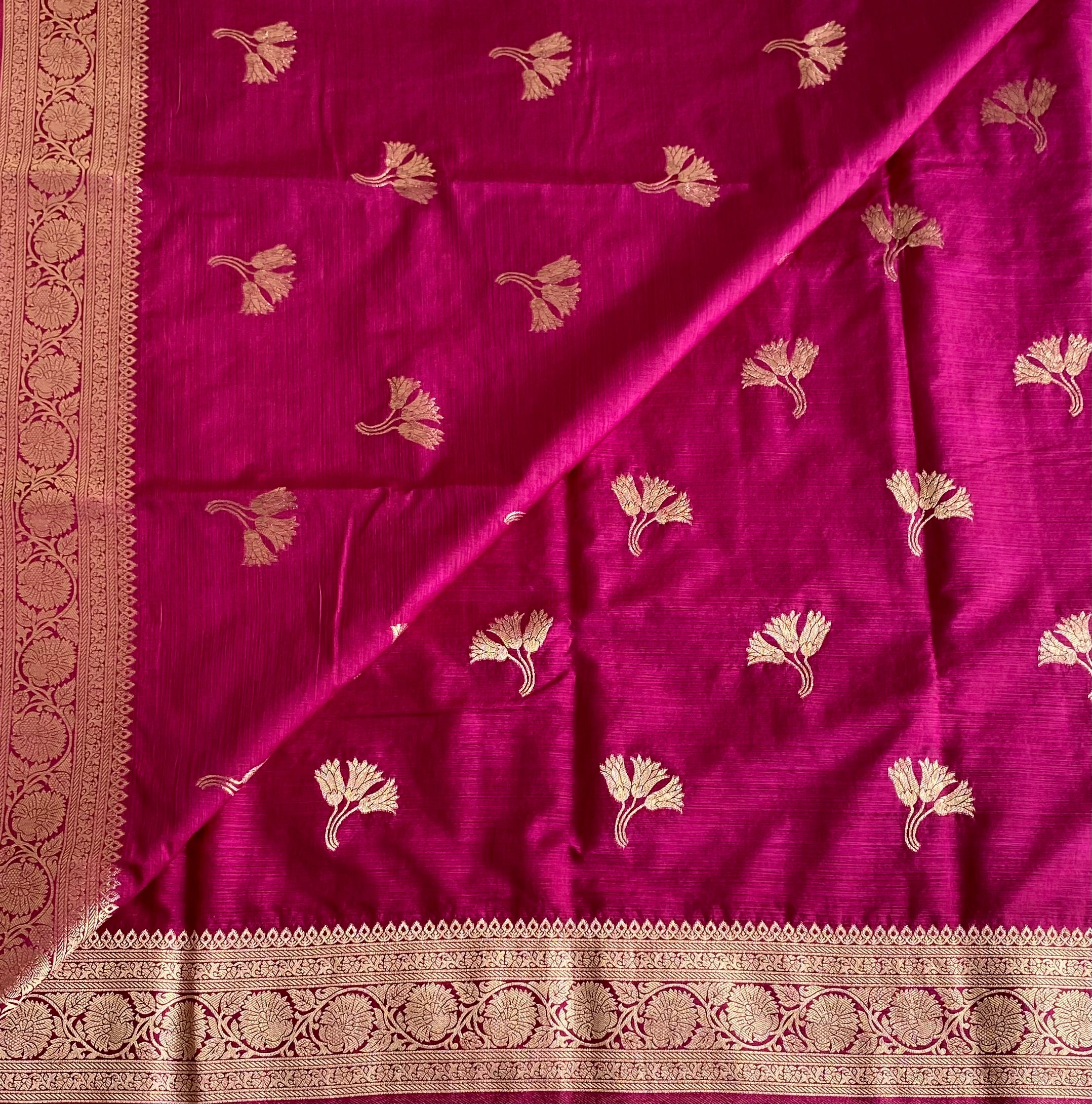 Magenta Pink Soft Tussar Silk Saree With Antique Gold Border
